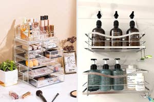 Two images side-by-side: Left shows a clear makeup organizer on a vanity. Right depicts a metal shower caddy with bath products
