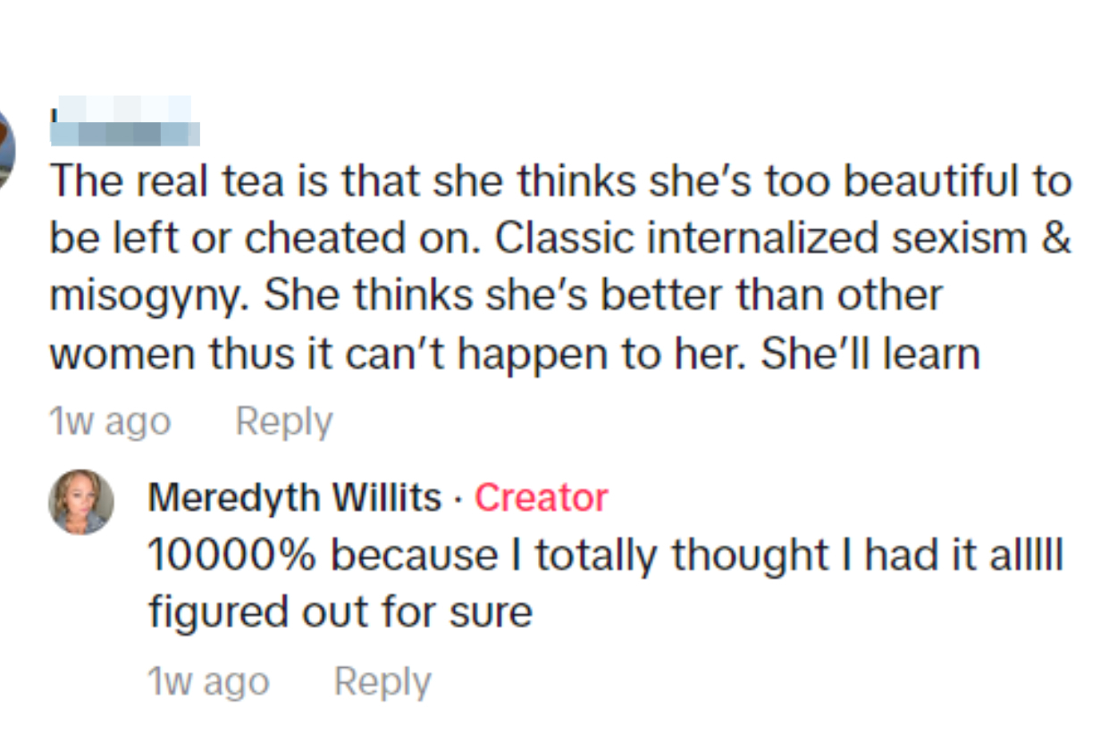 Comment thread on social media with two users discussing a celebrity&#x27;s perspective on sexism