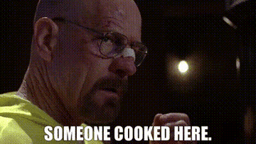 Animated character Walter White looks around a dim room with overlaid text &quot;SOMEONE COOKED HERE.&quot;
