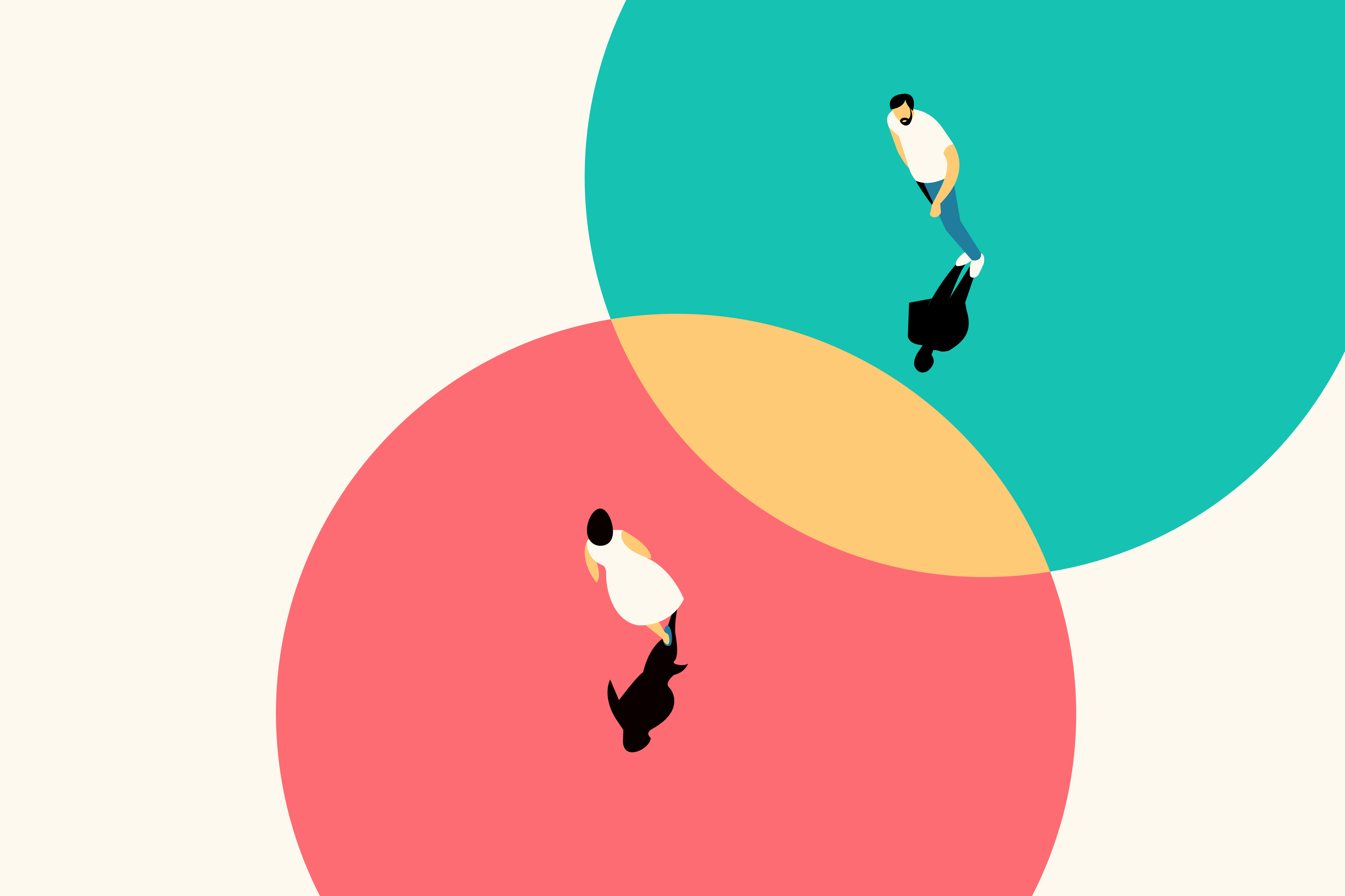 Two illustrated figures walking on overlapping circular shapes