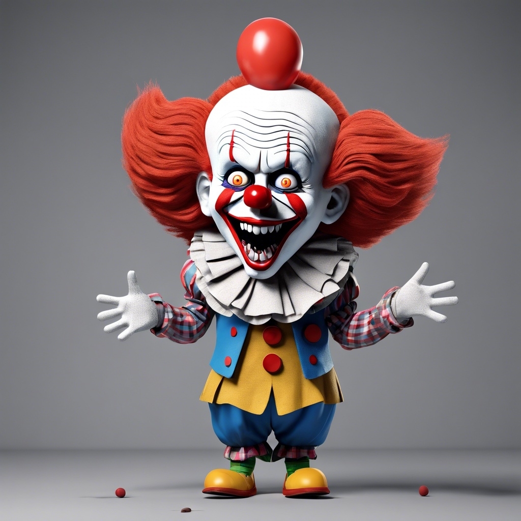 3D rendering of Pennywise the Dancing Clown from Stephen King&#x27;s It, in a ruffled clown costume with open arms