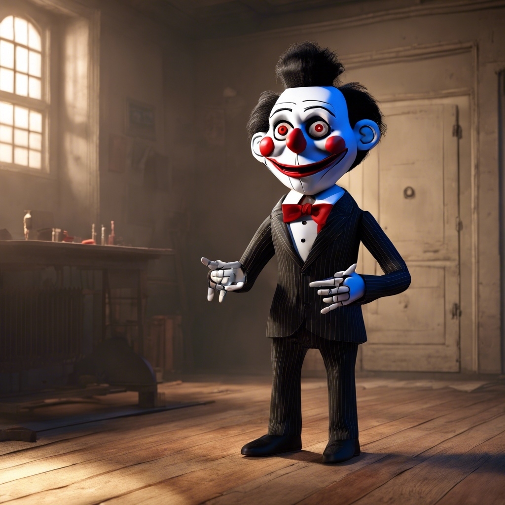 Animated character resembling a ventriloquist dummy in a striped suit and red bow tie stands in a dimly lit room