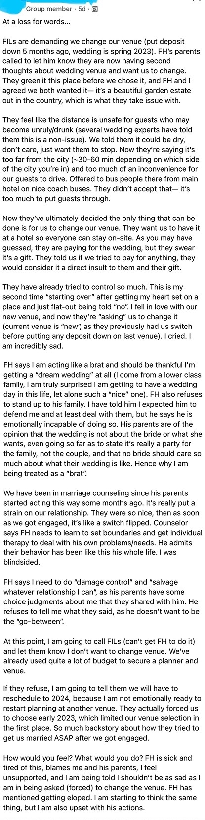 The image contains a long text message expressing someone&#x27;s distress over their wedding venue&#x27;s policies during a personal health crisis