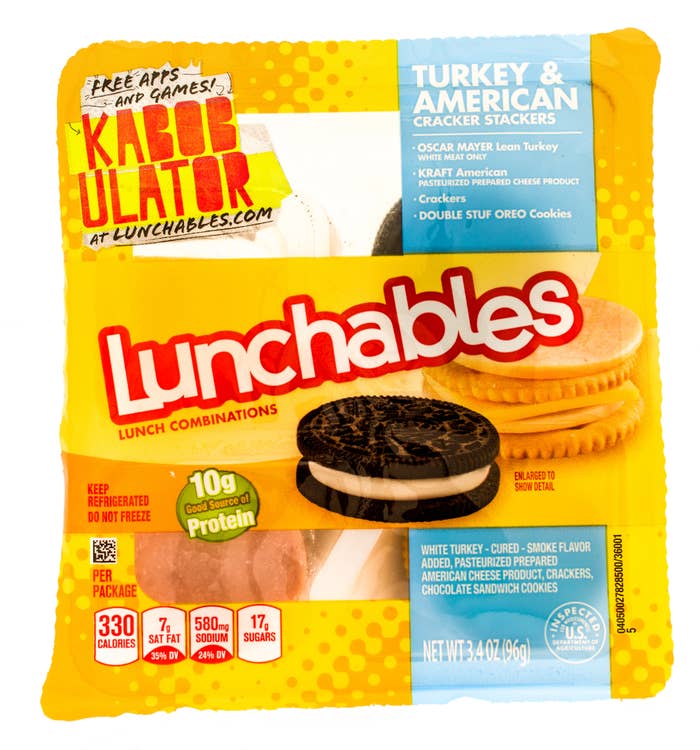 Lunchables package featuring turkey and American cheese with crackers and an Oreo cookie