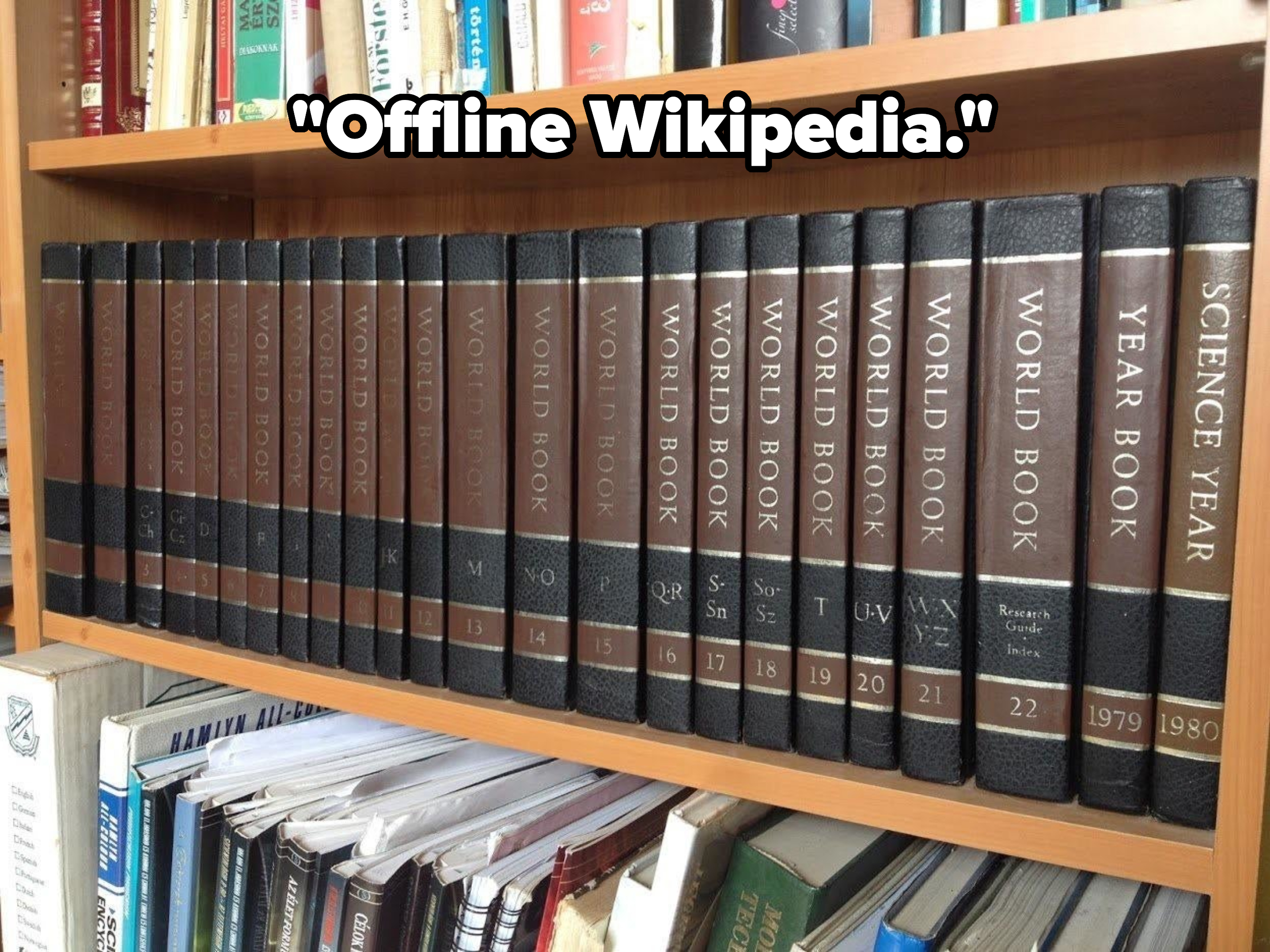 A shelf of World Book encyclopedias arranged alphabetically by volume