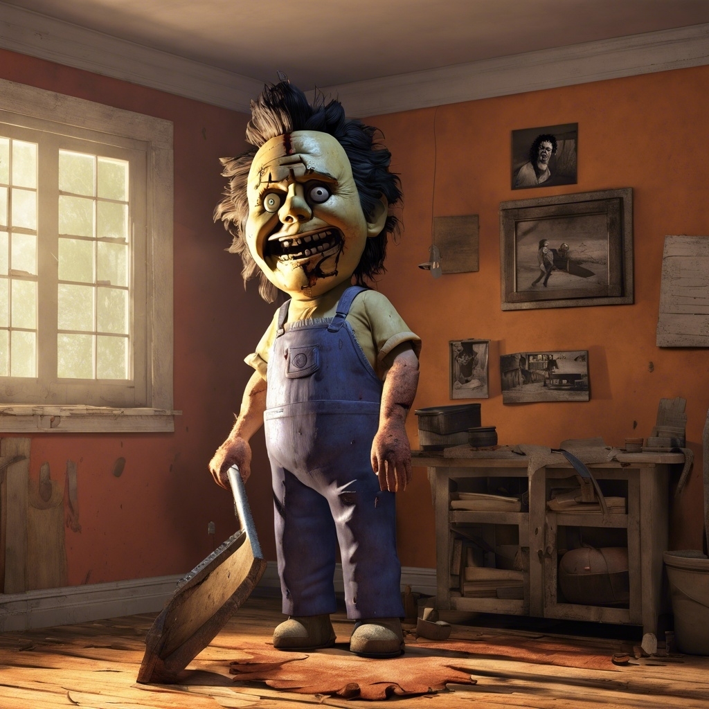 Animated character Chucky in overalls stands with a knife in a room with pictures on the wall