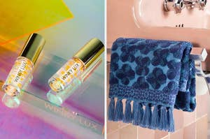 Split image: Left - Winky Lux cosmetics; Right - decorative blue towel on a rack