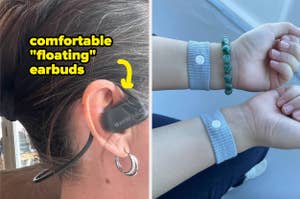 Side view of a person wearing floating earbuds and close-up of person wearing fabric wristbands