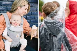 Woman with baby in carrier enjoying ice cream; people wearing rain ponchos at an outdoor event