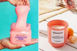 on left: model scooping pink body scrub from jar; on right: scented candle labeled "Extrovert" with citrus fruit