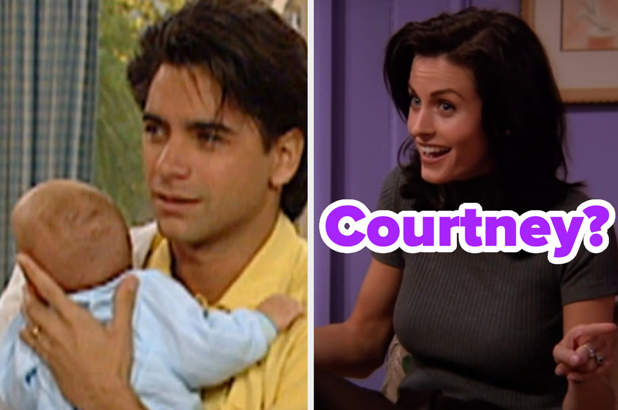 Two side-by-side stills from "Friends": left, character with a baby; right, female character looking surprised