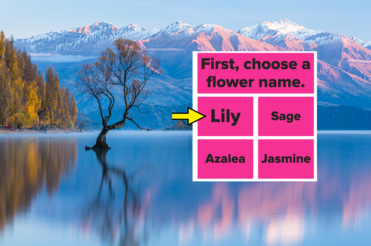 Image of a tranquil lake with a single tree and mountain backdrop with an overlay of a text box prompting to choose a flower name, listing four options: Lily, Sage, Azalea, Jasmine