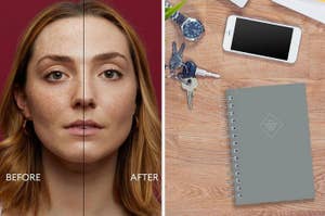 Split image; left: woman's face half before/after makeup, right: planner, keys, phone, and watch on wood surface