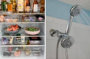 Two images side by side: left shows an organized refrigerator with labeled sections; right displays a mounted adjustable shower head