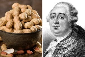 On the left, a bowl of peanuts, and on the right, an illustration of Louis XVI