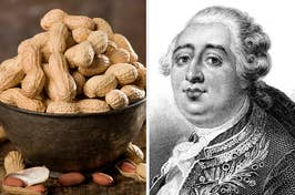 On the left, a bowl of peanuts, and on the right, an illustration of Louis XVI