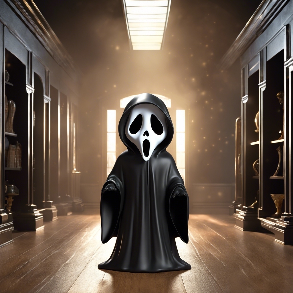 Ghostface from Scream in a black robe stands in a dim hallway, hands outstretched