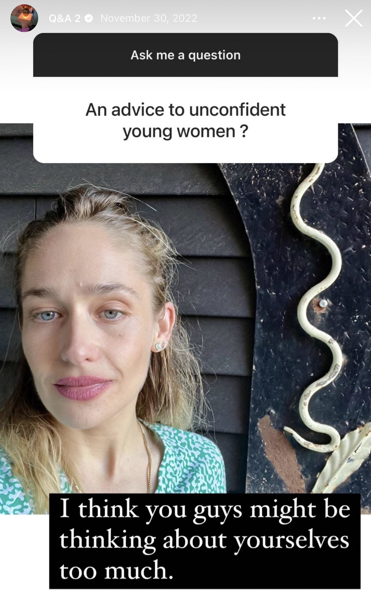 Selfie of a woman responding to a question about advice for young women, suggesting they think about themselves too much