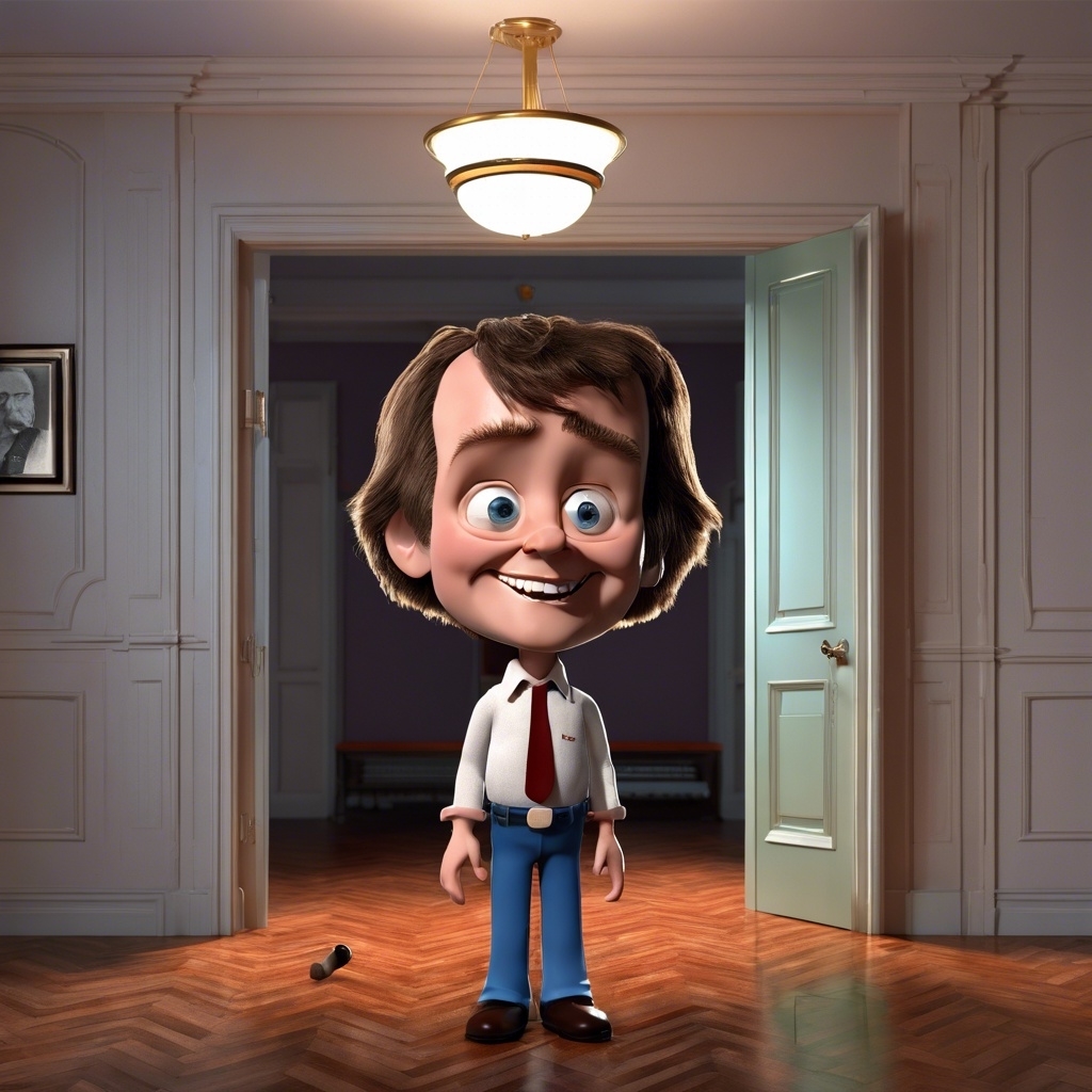 Animated character in white shirt and blue pants standing in a room with a spinning top on the floor
