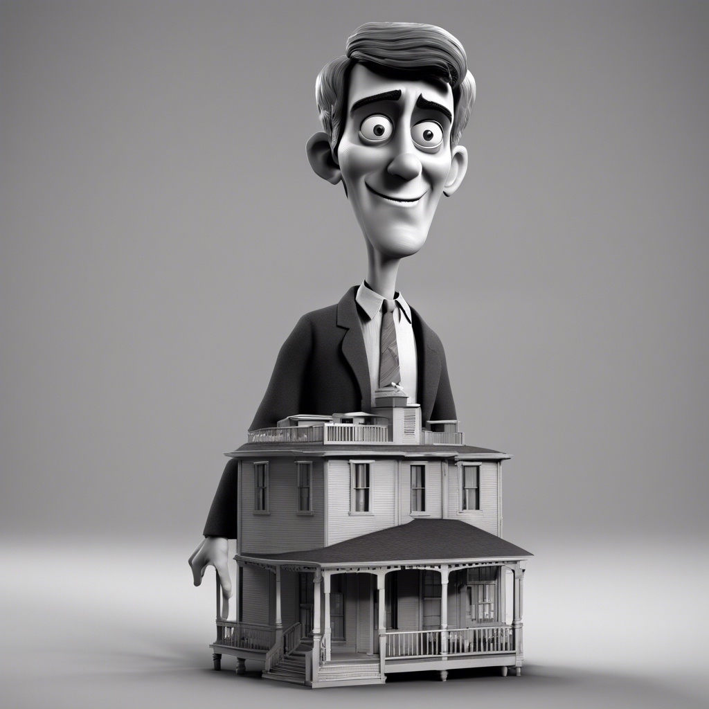 Illustration of a character similar to Alfred Hitchcock blended with the Bates Motel from Psycho