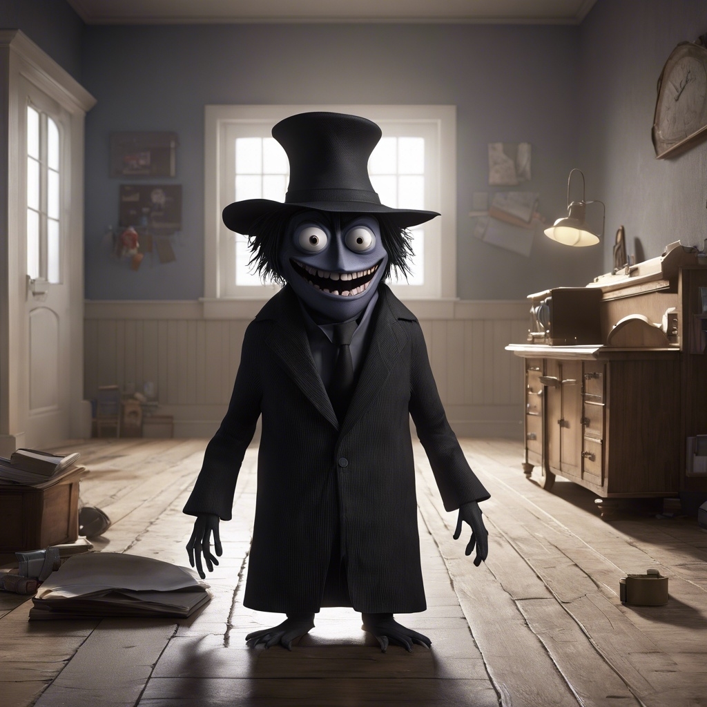 Character resembling the Babadook in a top hat and coat standing in a dimly lit room