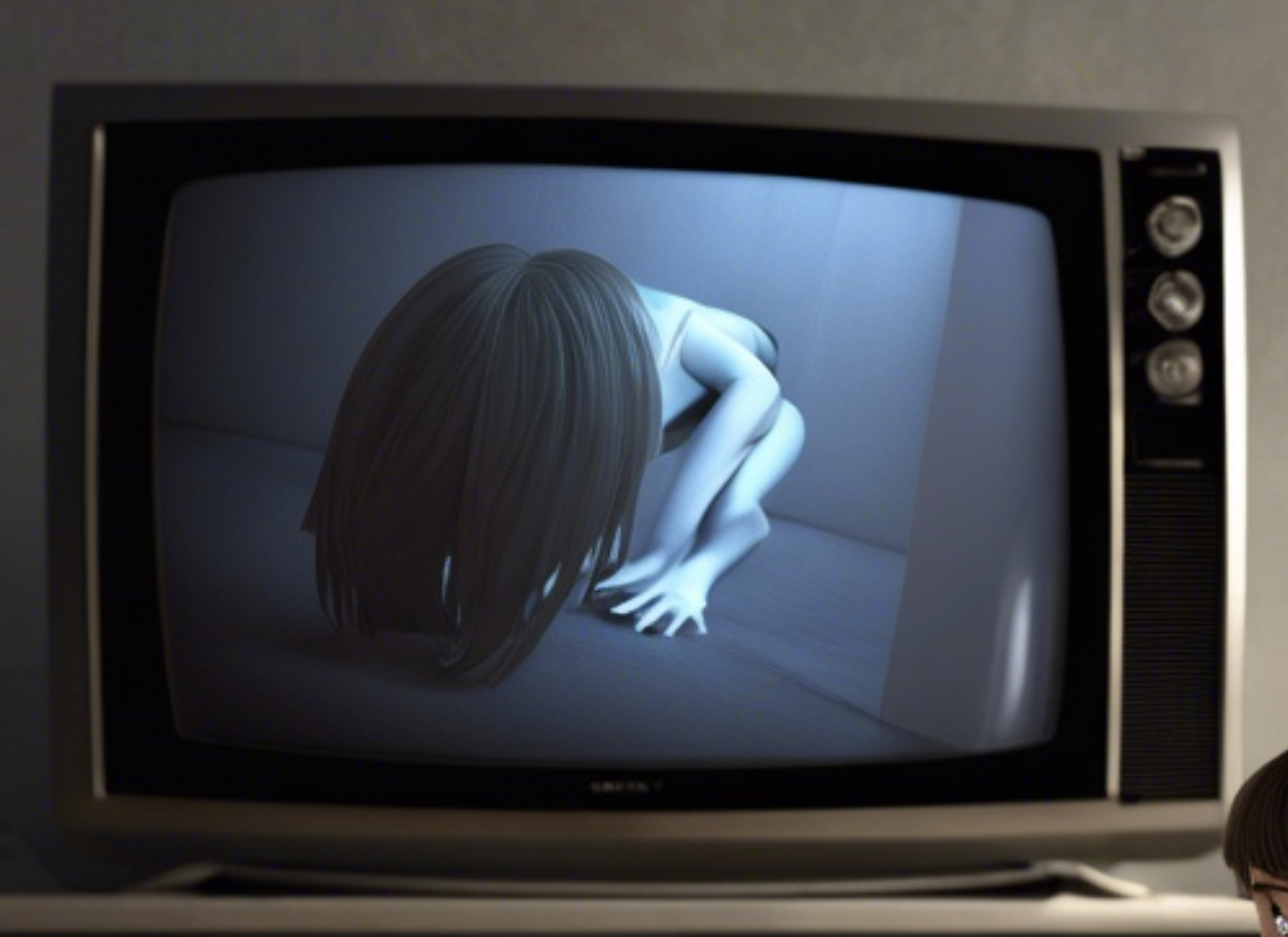 A television screen showing a scene from &quot;The Ring&quot; with the character Samara Morgan in her iconic pose