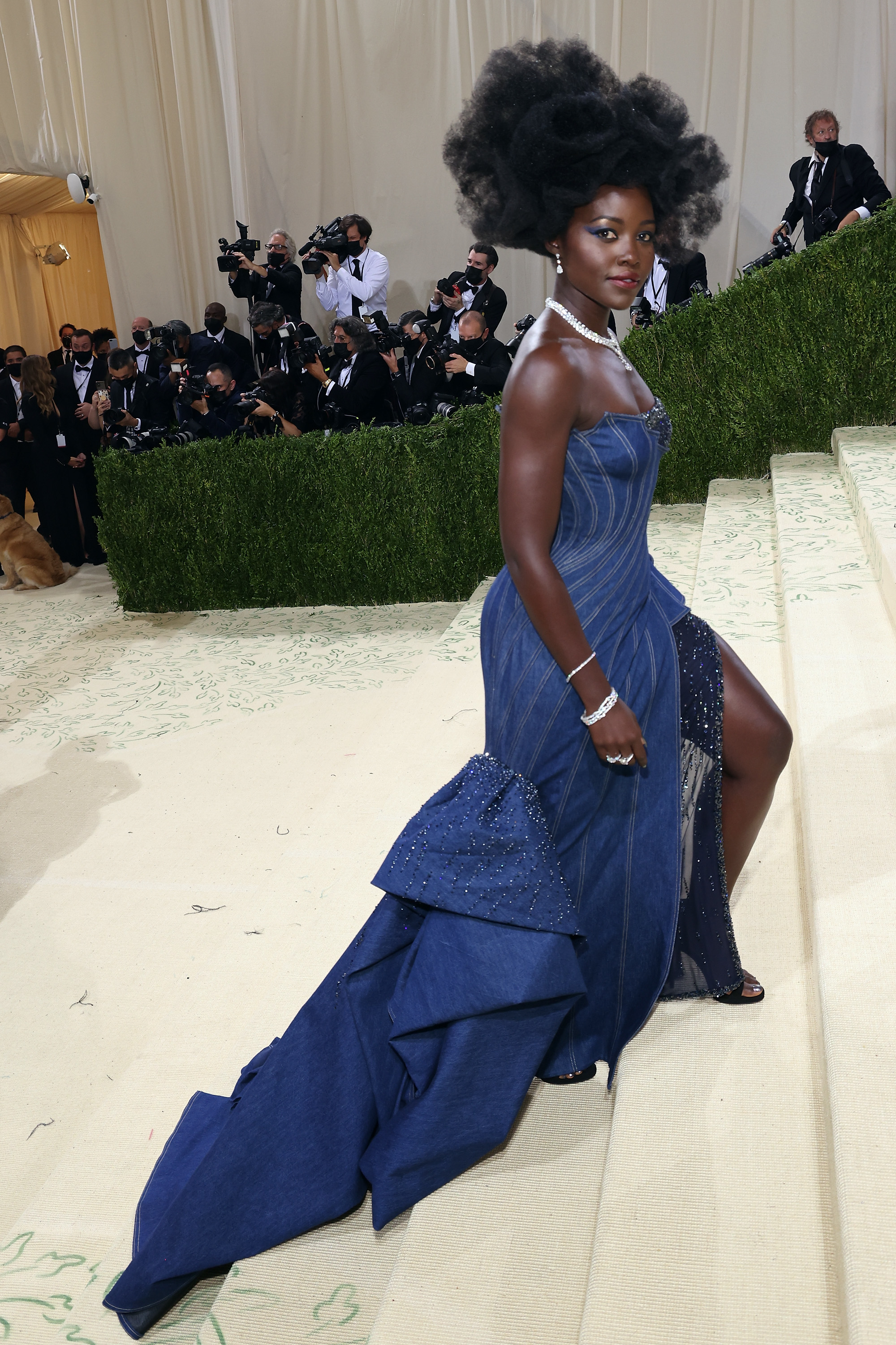 Viola Davis in a blue gown with a train, posing on steps at an event. Photographers in the background