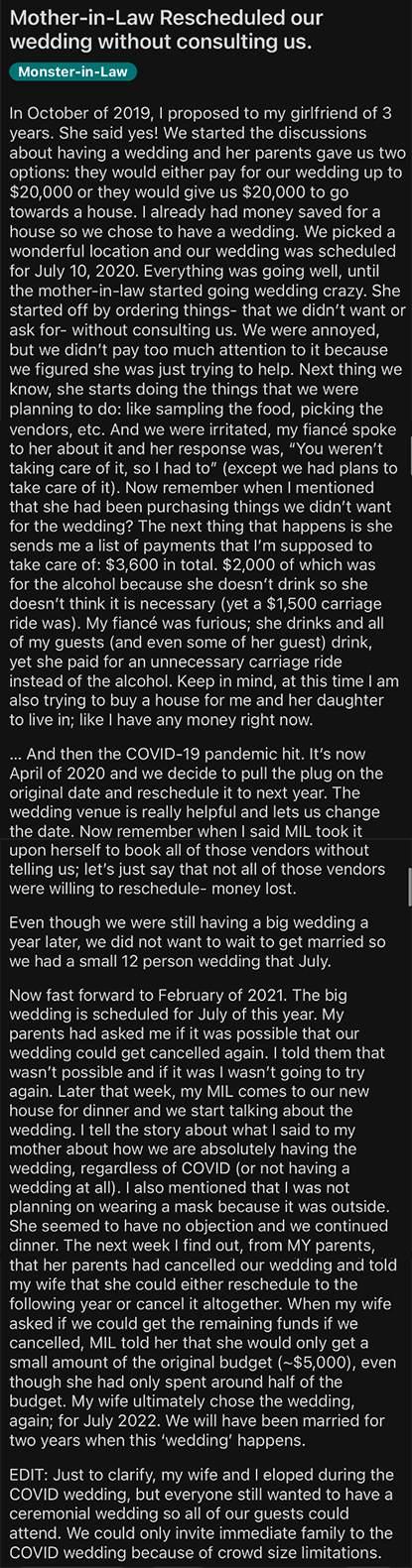 Summarized text: An article explaining a situation where a person&#x27;s mother-in-law rescheduled their wedding without consulting them