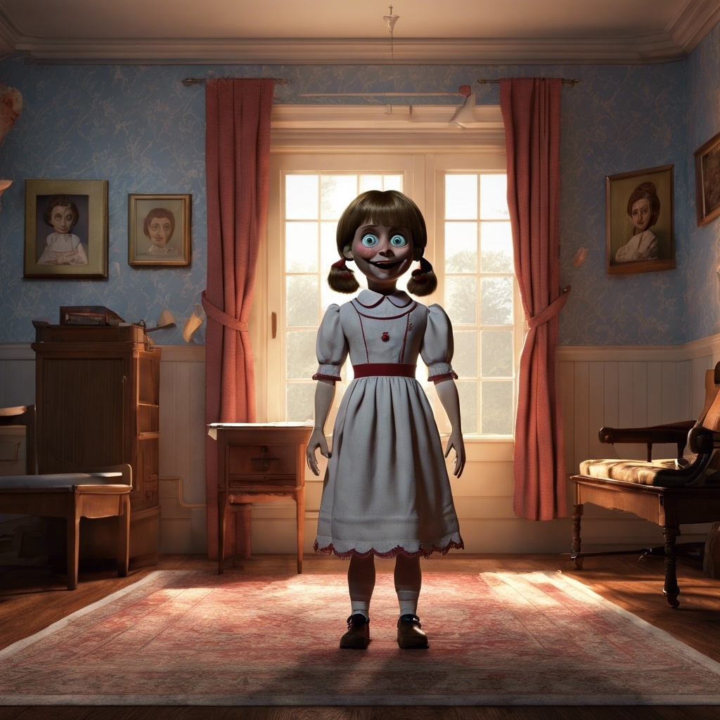 Mavis from animated series, in a dress, stands in a Victorian-style room