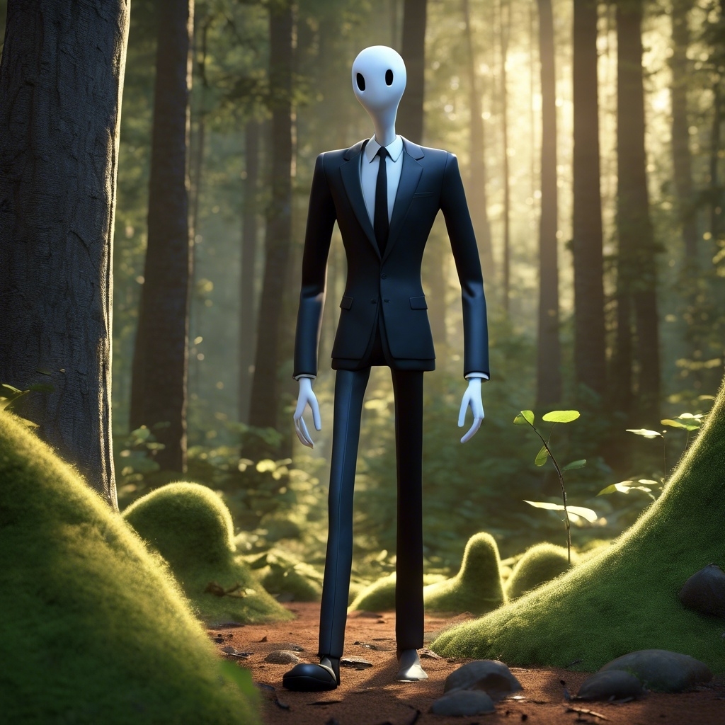 Animated character, similar to Slender Man, stands in sunlit forest