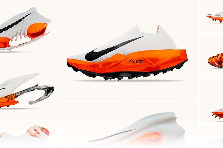 A collage of various angles of a Nike sneaker with distinctive orange soles and cleats for sports