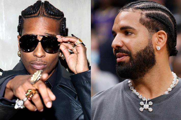 ASAP Rocky with braids and sunglasses on the left; Drake with cornrows, earring, and necklace on the right