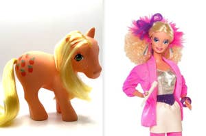 Toys from the '80s: My Little Pony figure and Barbie doll dressed in a pink jacket outfit