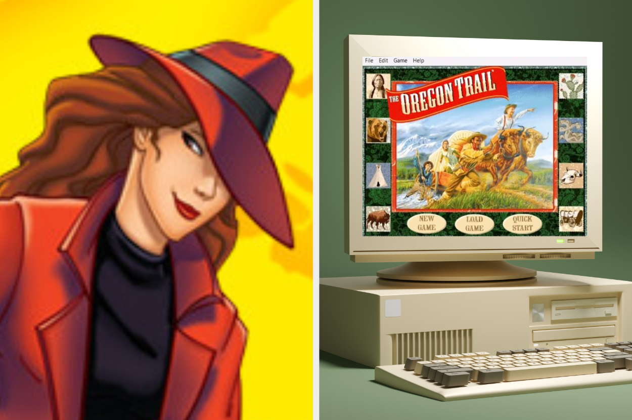 Split image: Left, Carmen Sandiego animation close-up; right, "The Oregon Trail" game on classic computer monitor