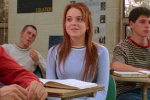 Lindsay Lohan as Cady Heron in a classroom scene from the film Mean Girls