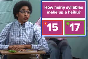 Ayo Edebiri sitting in a desk in an SNL sketch with a screenshot of the question how many syllables make up a haiku next to her with 15 incorrectly selected as the answer