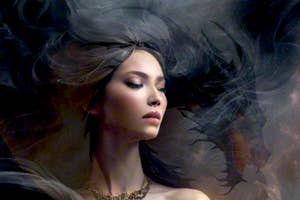 Digital artwork of a woman with flowing hair and gold necklace, surrounded by ethereal smoke and a dragon in the mist