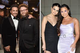 Two photos side by side: Left features James Franco and Seth Rogen in suits, right shows Selena Gomez and Demi Lovato in dresses