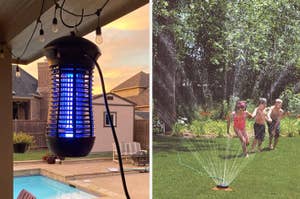 Two images: Left shows an outdoor bug zapper by a pool; Right displays kids playing in sprinkler water on a lawn