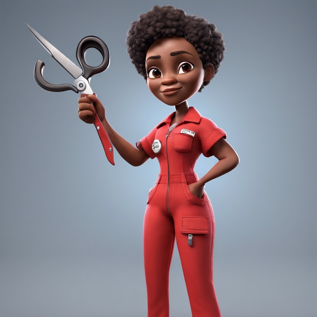 Animated character, possibly from a TV show or movie, holding scissors, wearing a name-tagged jumpsuit