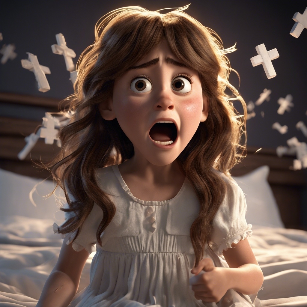 a 3D AI version of Regan from &quot;The Exorcist&quot; screaming in bed with crosses flying around her