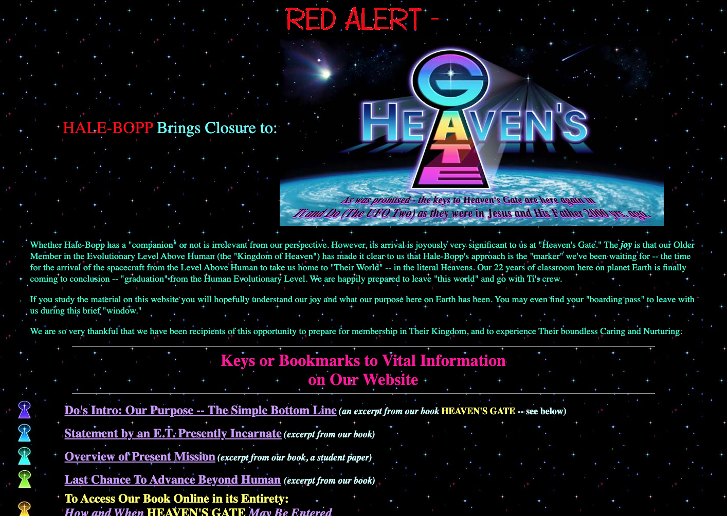 The image is a screenshot of the Heaven&#x27;s Gate cult website with various text and their logo