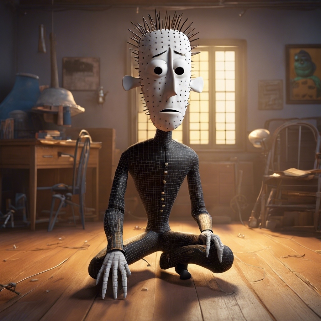 3D rendered image of Pinhead as a pixar character in a somber pose on a wooden floor, with puppet-making tools around