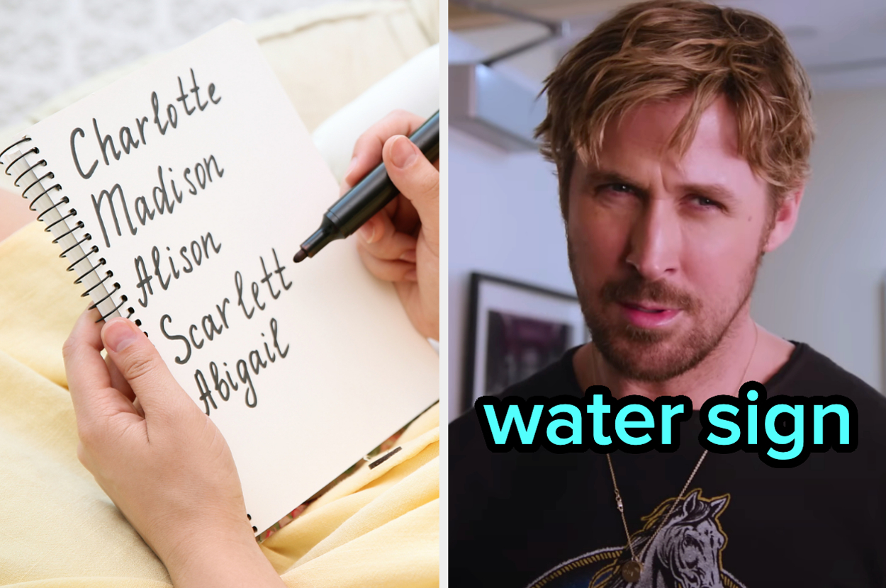 On the left, someone writing names down in a notebook, and on the right, Ryan Gosling with water sign typed under his chin
