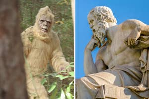 Side-by-side images of a picture of Bigfoot and a sculpture of Socrates