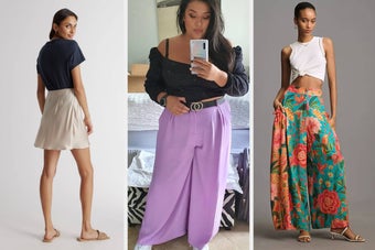 model in silk mini skirt; reviewer in palazzo pants; model in floral wide leg pants