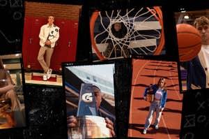 Collage of assorted sports-themed images including individuals with basketballs, running, and in athletic wear