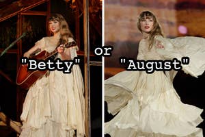 Taylor Swift performing in a layered dress, with two song title options: "Betty" or "August"