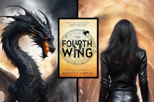 Image 1: A black dragon mid-flight amidst flames. Image 2: A woman in black leather clothes walking down a hallway. Overlaid: the book "Fourth Wing" by Rebecca Yarros.