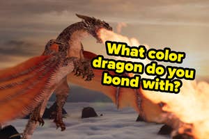 Graphic with text "What color dragon do you bond with?" featuring an illustrated dragon breathing fire